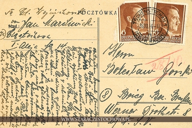 Karta pocztowa, rok 1944, Tschenstochau