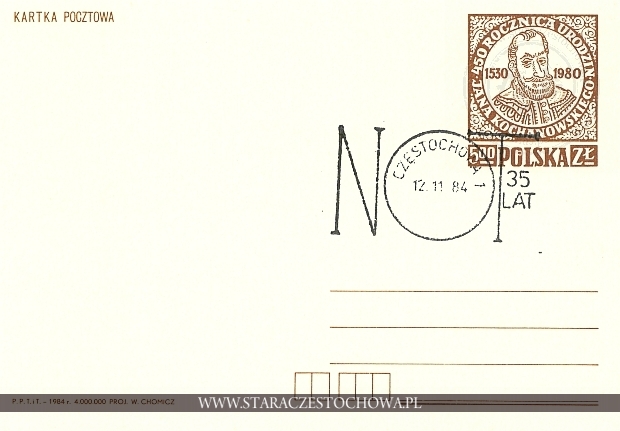 Karta pocztowa, rok 1984, NOT 35-lat