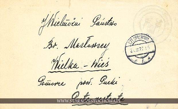Koperta pocztowa, rok 1927 Częstochowa