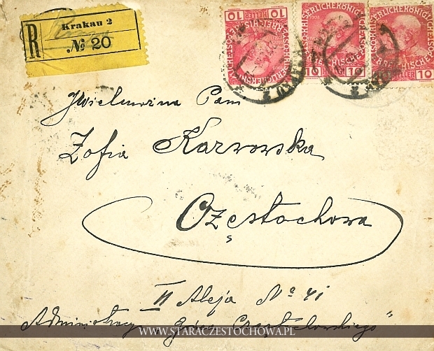 Koperta pocztowa, list polecony, Czenstochau, Krakau