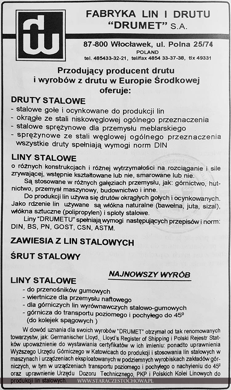 Reklama włocławskiej fabryki lin i drutu DRUMET S.A.