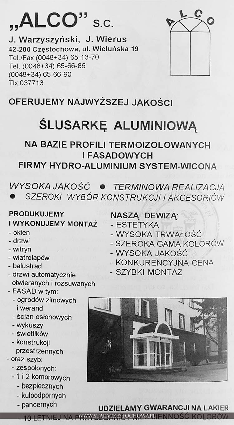 Reklama częstochowskiej firmy ALCO J. Warzyszyński, J. Wierus
