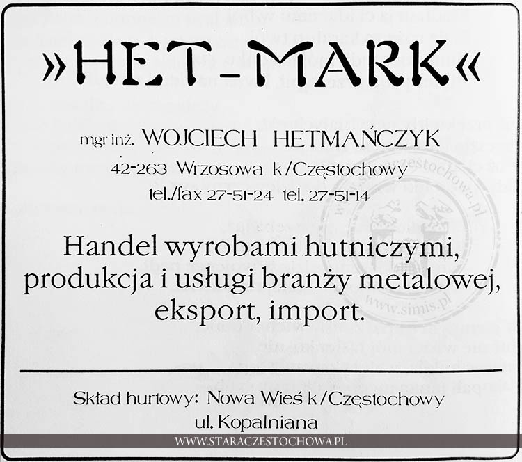Reklama firmy &#8222;HET-MARK&#8221; mgr inż. Wojciech Hetmańczyk