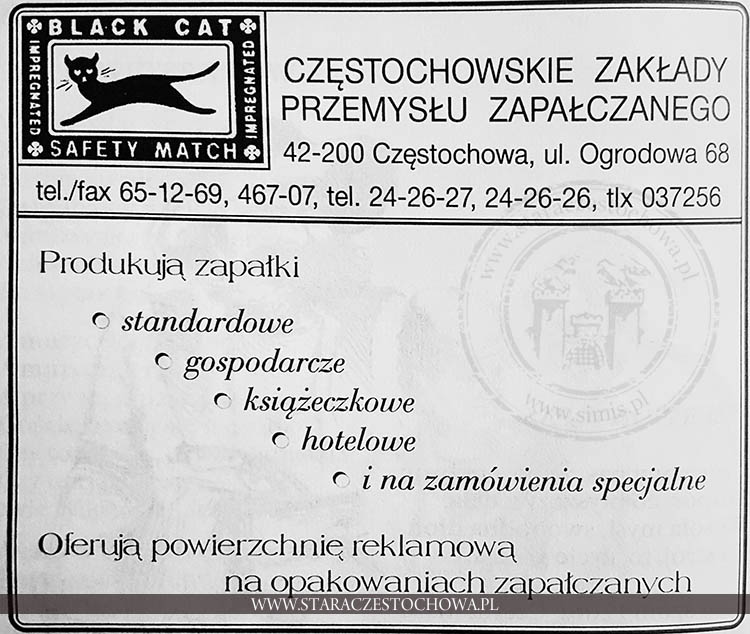 Reklama Częstochowskich Zakładów Przemysłu Zapałczanego.