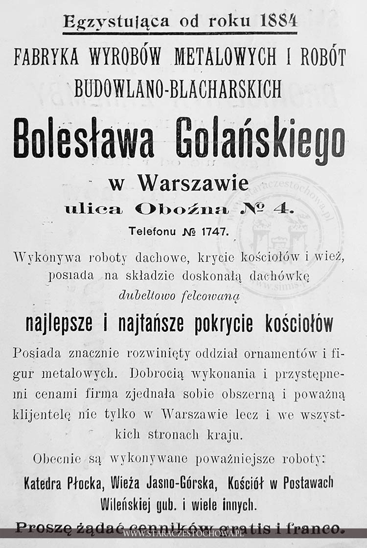 Reklama fabryki wyrobów metalowych Bolesława Golańskiego z Warszawy 