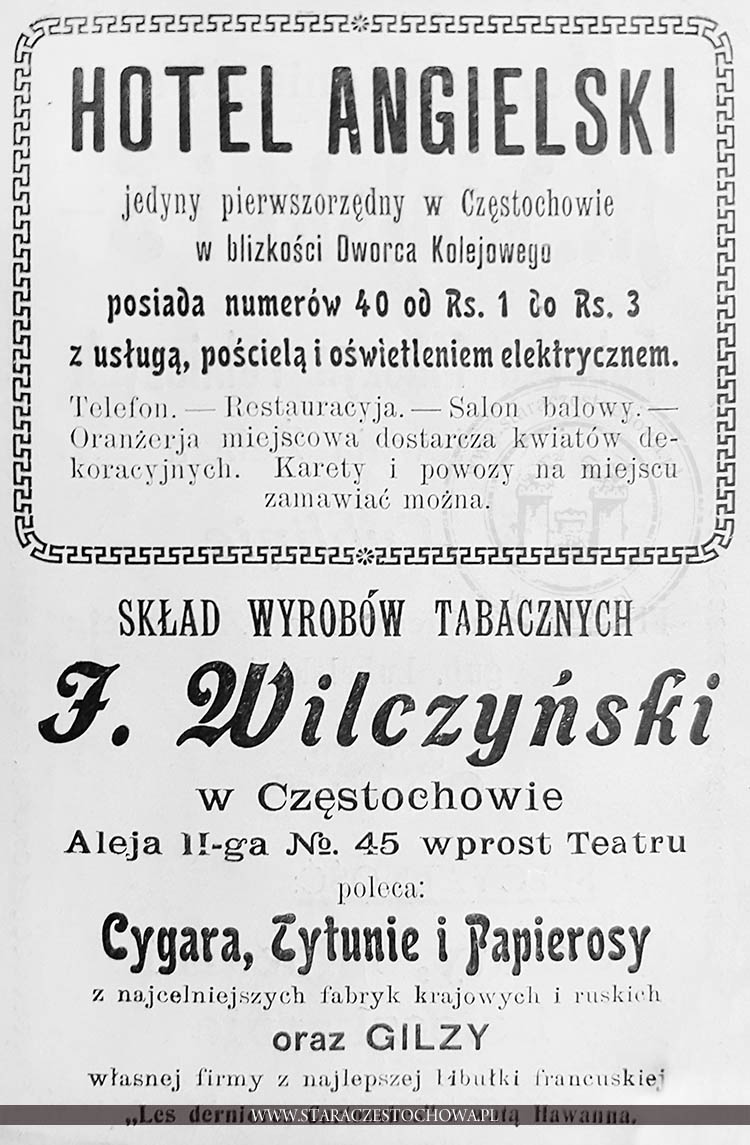 Reklama Hotelu Angielskiego oraz składu wyrobów tabacznych F. Wilczyńskiego 