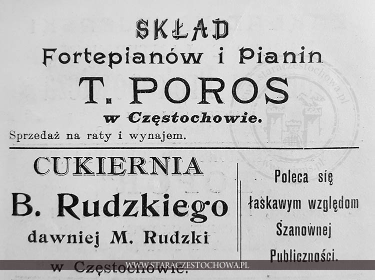 Reklama składu fortepianów i pianin T. Portosa