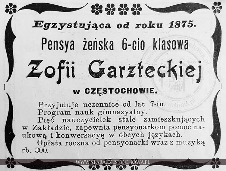 Reklama pensji żeńskiej 6-cio klasowej Zofii Garzteckiej w Częstochowie