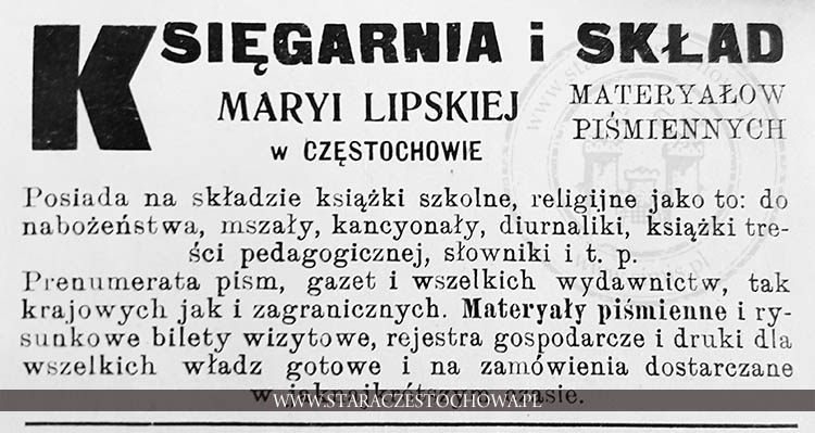 Reklama księgarni i składu materiałów piśmienniczych Maryi Lipskiej w Częstochowie