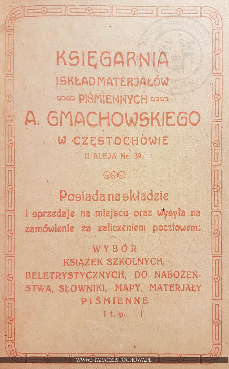Reklama księgarni A. Gmachowskiego w Częstochowie