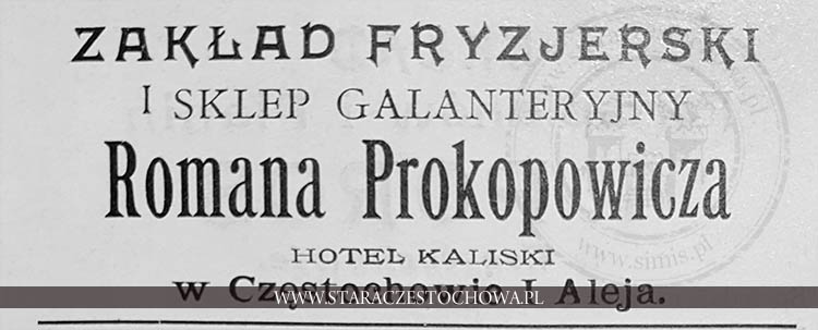 Reklama zakładu fryzjerskiego i sklepu galanteryjnego Romana Prokopowicza.