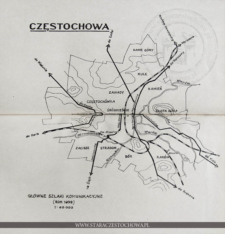 Mapa głównych szlaków komunikacyjnych Częstochowy i okolic rok 1939